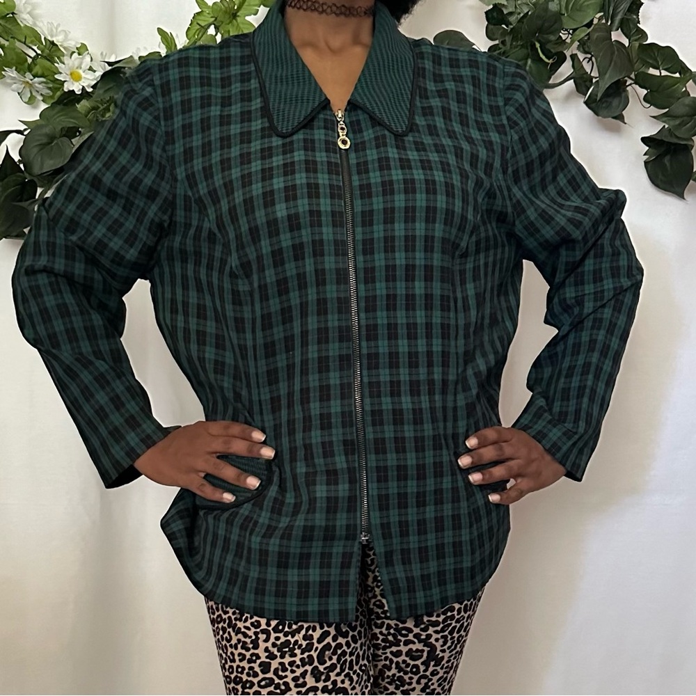 Halmode Plus vintage plus size green plaid long-sleeved zipper shirt